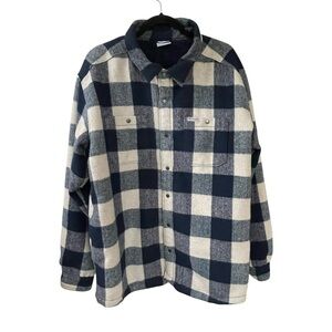 Columbia Windward II Sherpa Lined Plaid Shirt Jacket Shacket Navy Cream XL